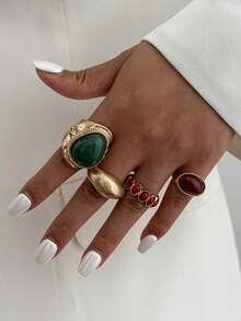 Set de 4 anillos de joyería de metal con gemas geométricas en estilo bohemio, un regalo versátil para fiestas, bodas y ocasiones casuales para mujeres y parejas