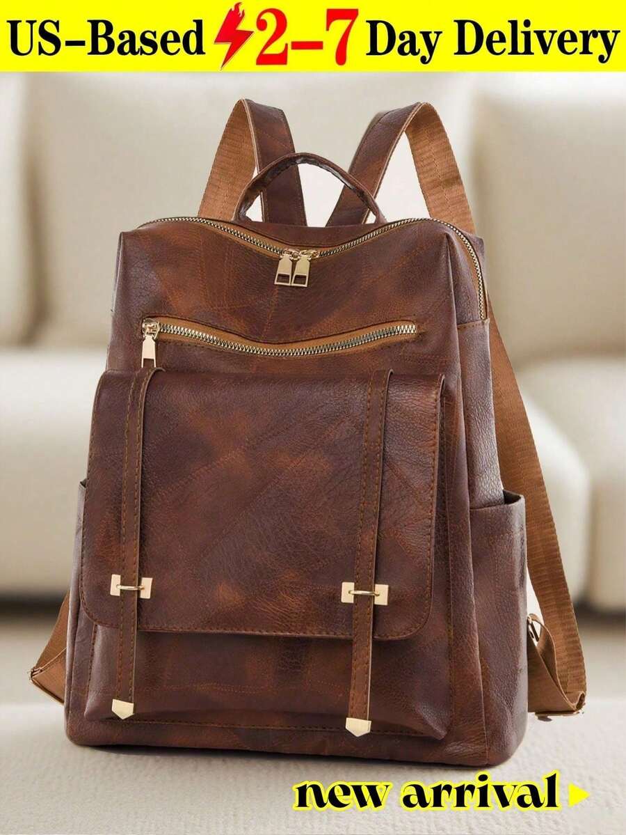 [US-Based Shipping]Halloween And Christmas Bags,Brown Leather Backpack, Fashionable Women's Bag, Extra-Large Capacity Backpack, Minimalist Commuter Bag, Multifunctional Casual Backpack, Zipper Design Backpack, Metal Buckle Decorated Backpack, Urban Style Backpack, Practical Travel Bag, Multipurpose Bag, Minimalist Design, Travel Backpack, Casual Tote Bag, Personal Item Storage, Lightweight And Portable, Professional Accessories - 多色 - 查看 1