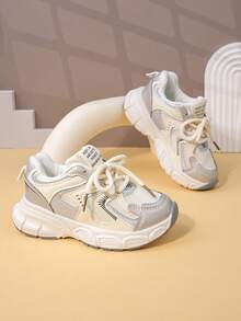 Zapatos deportivos para niños de primavera y otoño, zapatos de malla para niños, zapatos escolares para niñas con parches de malla, diseño de bloques de color con suela gruesa y zapatillas chunky, cómodas y versátiles (el patrón de la plantilla y la forma superior de malla son aleatorios). Se sugiere pedir una talla talla grande grande. - Beis - Ver 5