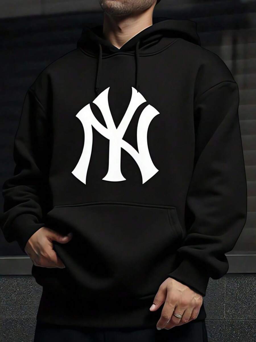 Hombre003 Sudadera Con Capucha De Cuello Hombre Con Estampado De NY Bolsillo Canguro Y Cordón, Manga Larga, Suelta Y Casual, Ideal Para Regalar Como Ropa De Hombre Frente(Tallas corren pequeñas, pide una talla  grande.) - Negro - Ver 1