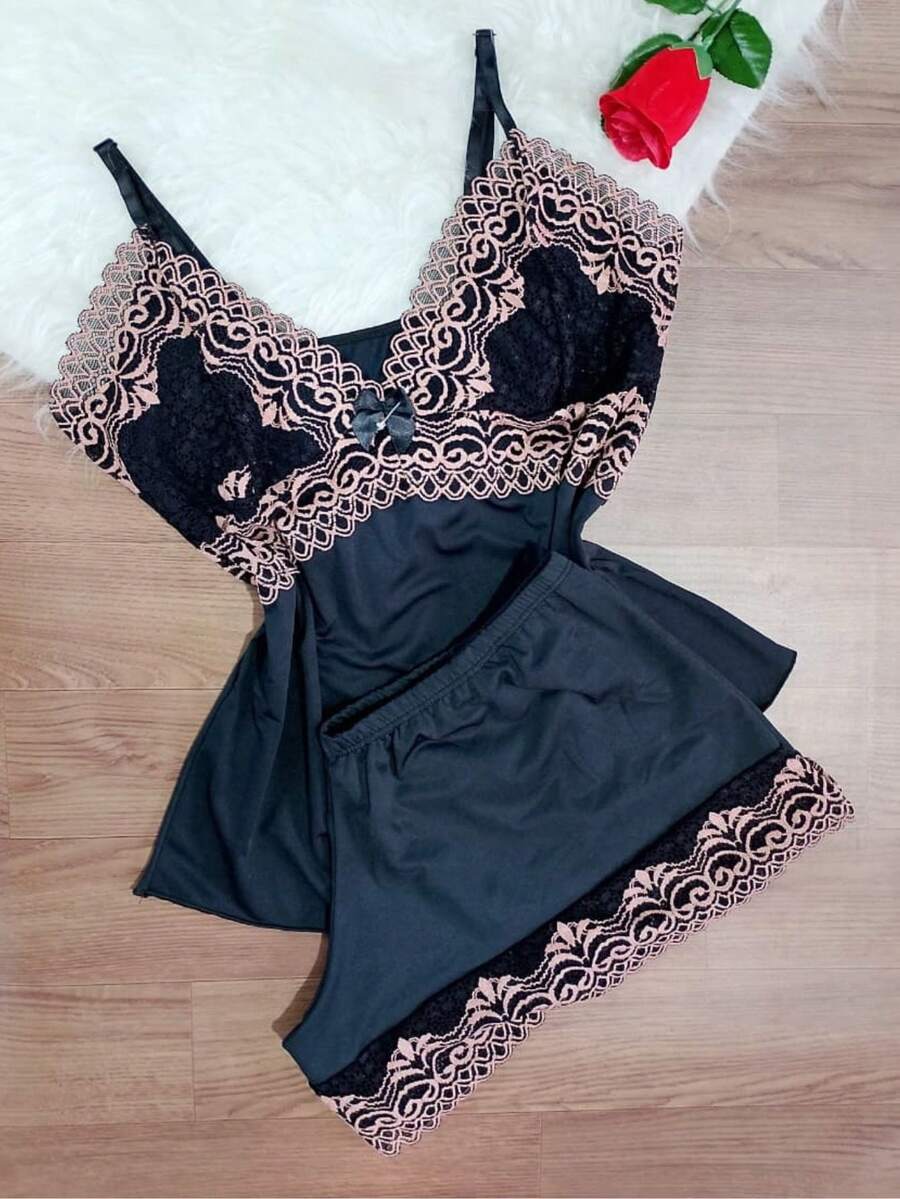 Short Doll Women's Pajama Set/ Two-Tone Lace - Matte Black - View 1