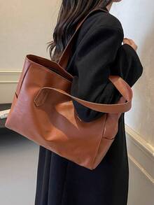 潮流跨境手提包，男女通用，时尚，PU材质，纯色，简约，多功能肩包/腋下包/手提包，适合日常休闲、通勤、购物、旅行及各种场合。 - 棕色 - 查看 5