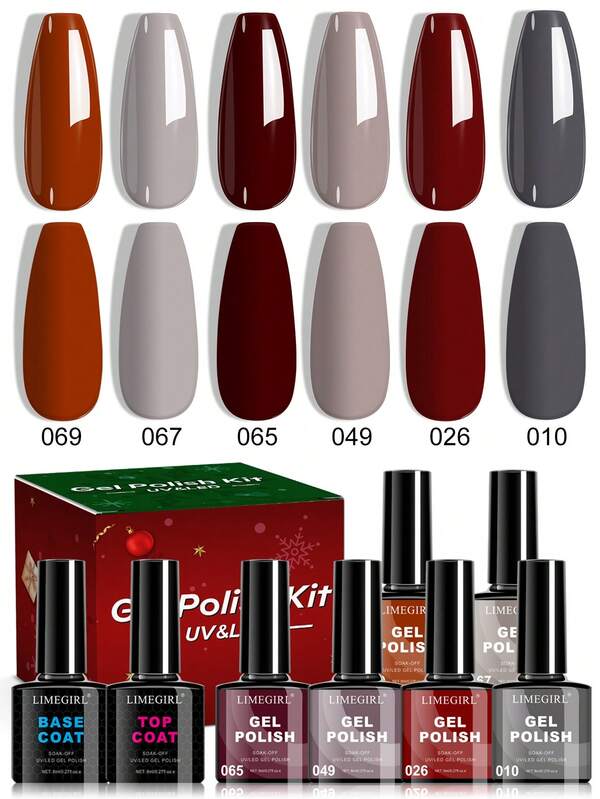 LIMEGIRL LIMEGIRL Set de ojă gel de Crăciun 8ML: Crăciun 6 culori verde vișiniu roșu auriu argintiu Ojă gel Soak Off UV LED Set cadouri de Crăciun cu bază și strat superior, pentru femei și fete Nail Art Manichiură Salon DIY Nail Design