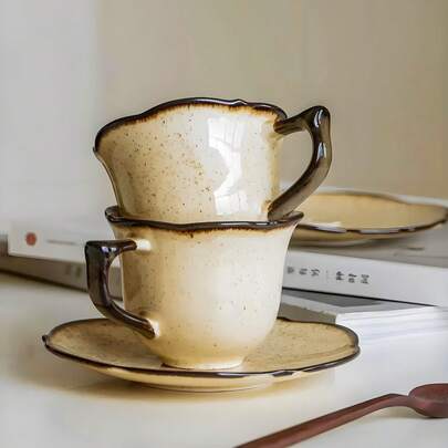 Japanese Kiln-Fired Glaze Lantern Cup & Saucer Set, Vintage Coarse Pottery Tea Cup & Saucer, Suitable For Matcha, Coffee, Cappuccino, Latte, Milk, Juice, Beverage, Tea, Ideal For Daily Home Use, Afternoon Tea Party, Cafe, Restaurant, Office, Birthday, Holiday Gift, Elegant Goods