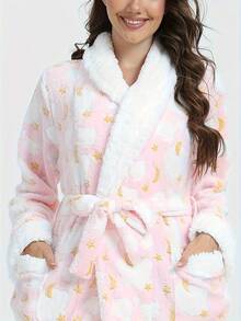 1pc Home Wear Women's Plush Collar Star And Moon Print Mid-Length Robe With Belted Waistrobe Nightgown Loungewear