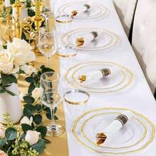 350 piezas Platos de plástico dorado - Juego de vajilla de plástico dorado que incluye 50 platos de cena, 50 platos de postre, 50 vasos, 50 servilletas enrolladas con cubiertos para bodas y fiestas - y Dorado + 350 Piezas (50 Invitados) - Ver 9