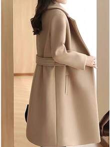 Áo khoác len pha sợi giả ôm sát SMILE CHIC, túi và nút màu trơn, thích hợp mặc khi hẹn hò và mặc hàng ngày, mùa thu/đông - Màu Khaki - Xem 5