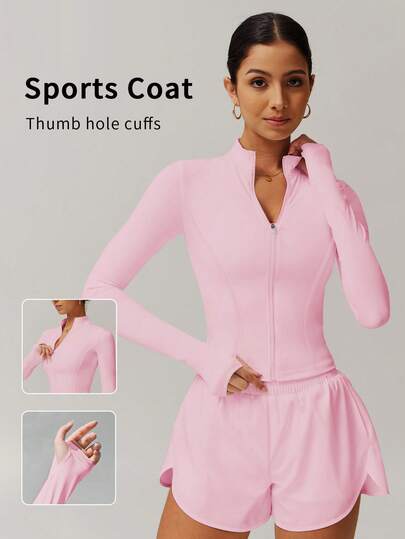 6pecil 1pc Women's Zip-Up Long Sleeve Sports Jacket, Solid Color, Stretchy Fabric, Slim Fit, Soft And Comfortable, Suitable For Women