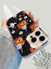 Funda protectora antigolpes con diseño 2D de calabaza y fantasma para Halloween. Material TPU con tecnología IMD. Compatible con phone 16/15/14/13/12/11, S24/S23/S22. Diseño festivo. Suave al tacto. - Plateado - Ver 3
