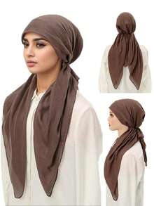 1 pieza/2 piezas Pañuelo musulmán de color liso con rhinestones para mujer, turbante de moda versátil adecuado para uso diario con vestido