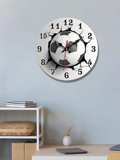 1pc Stylish Silent Soccer Ball Wand Klok Round Wooden Quartz Movement, Ideal Bedroom, Living Room, Office, Kitchen, Bathroom Battery Operated (AA Not Included), Kitchen Clock|Modern Item