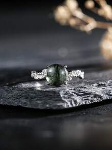 Solid 925 Silver Ring 8mm Round Green Rutilated Quartz Natural Crystal Adjustable Vintage Style Statement Bands For Women Jewelry Boho Gift