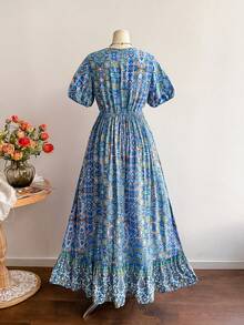 Đầm ngắn tay cổ chữ V họa tiết hoa màu xanh dương dành cho nữ cỡ lớn, phong cách Bohemian, thích hợp mặc đi biển, dự tiệc âm nhạc, nghỉ dưỡng nhiệt đới, thanh lịch mùa hè. - Màu xanh lam - Xem 6
