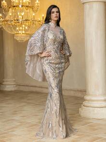 Đầm dạ hội maxi cổ đứng tay áo choàng đính sequin vải lưới UNITHORSE dành cho nữ, thích hợp cho các dịp trang trọng, đầm dạ hội cao cấp, đầm cô dâu, đầm dự tiệc cưới, đầm dự tiệc mùa xuân. - Màu be - Xem 4