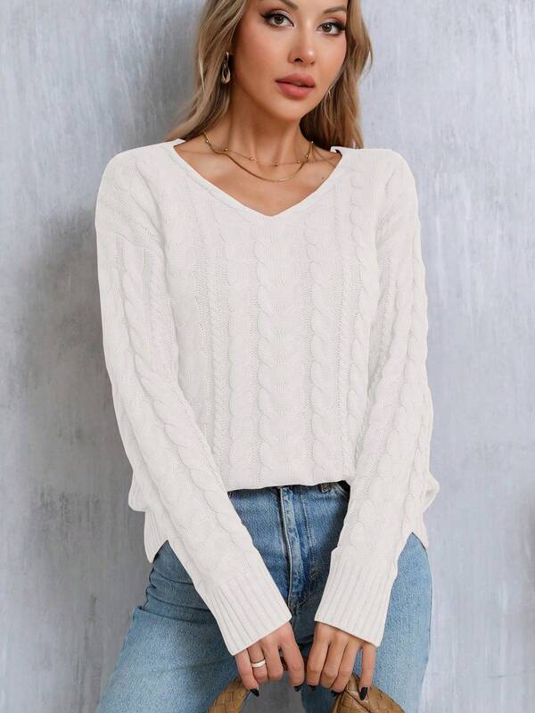 Maglione lavorato a trecce oversize da donna, manica lunga con spalle scoperte, scollo a V, maglia a coste, morbido e elastico, casual per autunno e inverno