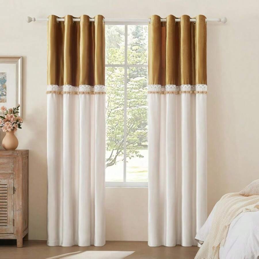 Boho 108 Inches Long Curtains 2 Panels For Living Room Gold Ivory Farmhouse Velvet Elegant Window Blackout Curtain Drapes Lace Pom Pom Embroidered Curtains - 金色 - 查看 1
