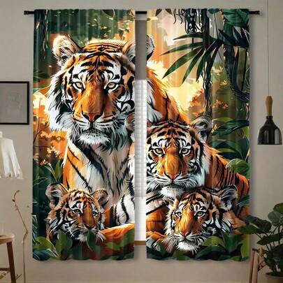 2pcs Tiger Print Curtains, Rod Pocket Window Decor, Suitable For Bedroom, Living Room, Home Decoration, Room Decor