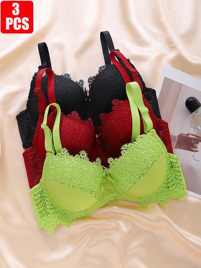 Sutiãs sensuais femininos com 3 peças de renda patchwork, cor sólida, push up, copo BC, roupa íntima feminina elegante francesa com aro