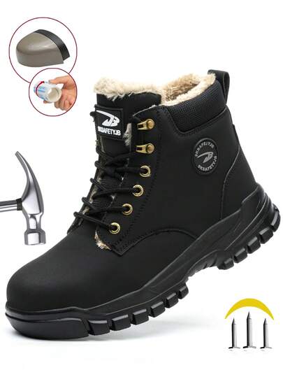 Men's Insulated Safety Work Boots, Plus Size Warm High-Top Outdoor Industrial Shoes, Synthetic Leather Upper With EVA Sole, Suitable For Construction, Mining, Hiking, Hunting, Cold-Weather Boots For Autumn And Winter