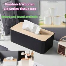Solid Color Bamboo Lid Tissue Box, Bamboo & Wood Lid Paper Box Tissue Holder, Square And Round Tissue Box, Wooden Storage Box, Home Decor For Dining Table, Disposable Paper Napkin Holder, Bamboo Rectangle Napkin Rack, Suitable For Bathroom Vanity, Office, Dining Table, Living Room, Bedroom, Bathroom, Car Tissue Storage