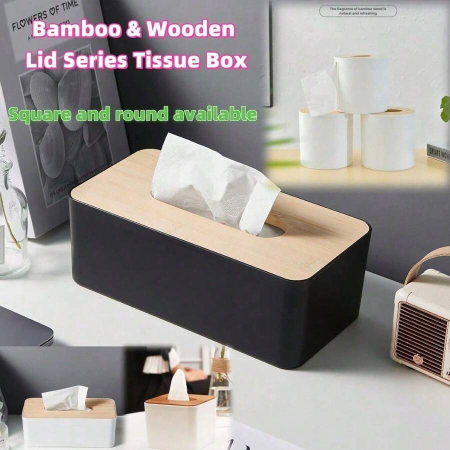 Solid Color Bamboo Lid Tissue Box, Bamboo & Wood Lid Paper Box Tissue Holder, Square And Round Tissue Box, Wooden Storage Box, Home Decor For Dining Table, Disposable Paper Napkin Holder, Bamboo Rectangle Napkin Rack, Suitable For Bathroom Vanity, Office, Dining Table, Living Room, Bedroom, Bathroom, Car Tissue Storage