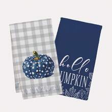 2 件秋季蓝色波尔卡圆点南瓜印花厨房巾，15.75 * 23.62 英寸（40 * 60 厘米）超柔软吸水洗碗布，秋季装饰，厨房配件，可机洗，适用于餐厅、厨房、节日装饰和礼物，所有季节 - 彩色 - 查看 2