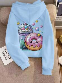 Teena Girl Milk Tea Donut Pattern Printed Warm Hooded Sweatshirt - Comfortable Long-Sleeved Casual Pullover, Machine Washable, Daily Essential, Loose Style, Suitable For Both Boy And Women, Street Style, Suitable For School, Vacation, Shopping, Sports And Other Occasions