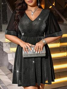 Vestido elegante plus size com decote em V e cintura marcada