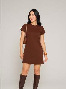 Muscletee T-Shirt Dress Knit Cotton Simple Casual Elegant Conservative Simple Casual Elegant Conservative / Modest Knit Fabric Asymmetrical Split Beach Evening Party Home Birthday Party Street Travel Autumn - 咖啡 - 查看 4