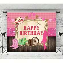Pink Western Cowboy Theme Happy Birthday Backdrop Fabric Rustic Plank Banner Guitar Cowboy Hat Cowboy Theme Birthday Party Portrait Photography Decoration Banner Vinyl