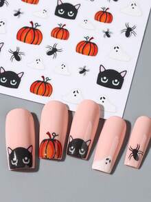 Halloween Nail Stickers Cute Ghost Pumpkin Self Adhesive Nail Decals Spooky Mushroom Ghost Flower Nail Art Design Black Cats Spider Bats French Manicure Supplies For Women DIY Nail Charms Decorations