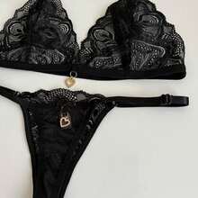 Sexy Backless Set With Pendant Detail And Thong - Black - View 4