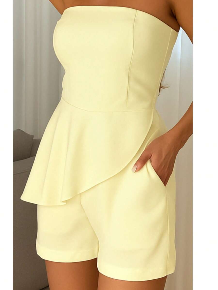 Tailored Set Shorts And Strapless Top With Padding And Ruffles Elegant - 黃色 - 查看 1