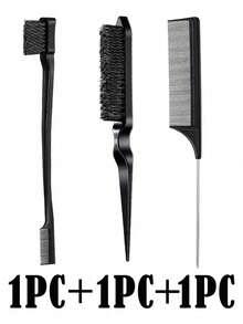 IQH 3件套美发造型梳套装，包括1把发际线梳、1把边缘梳和1把分缝梳 - 黑色 - 查看 6