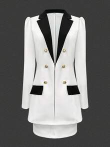 Contrast Color Block Double-Breasted Blazer And Mini Skirt Set, Spring/Summer - White - View 4
