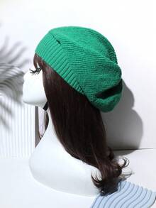 Solid Knit Slouchy Beanie Casual Winter Fall - Green - View 16