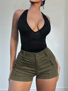 1Pcs  Green Cargo Shorts, Casual Hot Pants, Cool And Chic Cargo Style, High - Waisted And Slim - Fitting, For Daily Streetwear And Casual Shopping, Spring And Summer Women's Cargo Shorts - 軍綠色 - 查看 2
