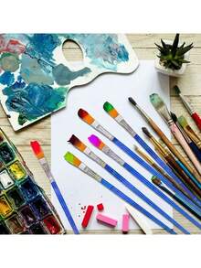 Small Paint Brushes Bulk, Anezus 50 Pcs Flat Tip Paint Brushes With Round Acrylic Paint Brushes Set Brushes Classroom Acrylic Watercolor Canvas Face Painting - Blue - View 10