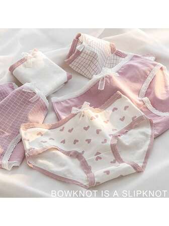 5pcs Stylish And Fresh Girl's Underwear, Made Of , Skin-friendly, Soft And Breathable, High Elasticity, Mid-waist With Bow Embellishments