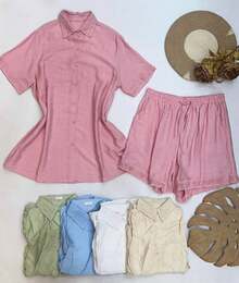 conjunto plusai bordado Linho importado femininas modas LF15561p(short com forro)  Simples    Casual  elegante    Botões na frente  Botão    Casa