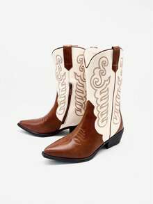 Botas vaqueras para mujer, botas medias de nuevo diseño, con bordados y patchwork, tacón medio y grueso ideal para la fiesta y uso diario - Camel - Ver 9