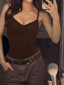 Women Solid Color Casual Minimalist Ruched Bodysuit, Versatile Summer Wear - Coffee Brown - View 1