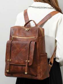 [US-Based Shipping]Halloween And Christmas Bags,Brown Leather Backpack, Fashionable Women's Bag, Extra-Large Capacity Backpack, Minimalist Commuter Bag, Multifunctional Casual Backpack, Zipper Design Backpack, Metal Buckle Decorated Backpack, Urban Style Backpack, Practical Travel Bag, Multipurpose Bag, Minimalist Design, Travel Backpack, Casual Tote Bag, Personal Item Storage, Lightweight And Portable, Professional Accessories - 多色 - 查看 2
