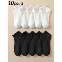 10 双纯色荷叶边条纹女式踝袜，可爱学生女孩日常休闲袜，适合所有季节，秋季袜子