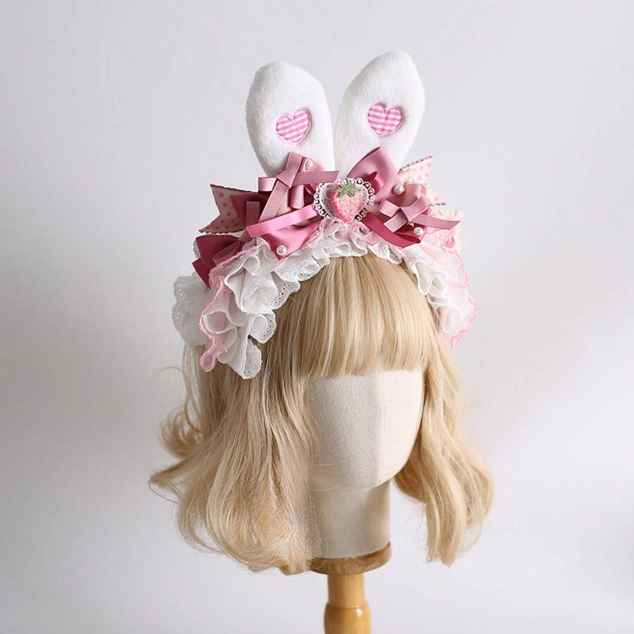 Hair Headbands - Số 1 Một cặp kẹp tóc tai thỏ màu hồng và trắng - Xem 1