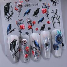 2pcs Halloween-Themed Nail Stickers With Skulls, Roses, Birds & Spiders - Self-Adhesive, Glossy Finish, Single Use, Perfect For Scary Season Manicures, Halloween Nail Art | Skull & Rose Design | Glossy Finish Stickers, Halloween Nail Stickers - 彩色 - 查看 6