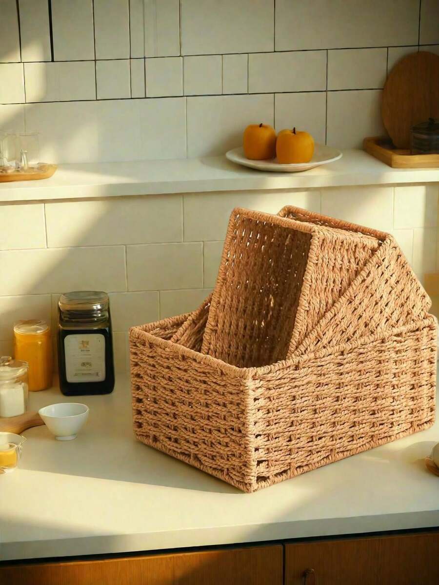 1/3 Pcs Desktop Storage Box - Handwoven Basket Set For Cosmetics, Keys, Snacks, Desk Storage, Living Room, Bedroom, Office Storage Suitable For Desktop Organization Retail Storage