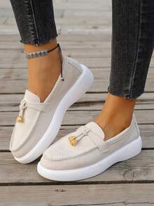 Solid Color Faux Suede Platform Loafers - Metal Tassel Decor Chunky Sole Flat Slip-On Shoes, Casual Comfortable Commuting Versatile Women's Shoes Work Shoes - Beige - View 1