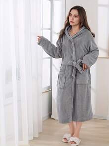 1 بشكل الأناناس/تصميم سادة ذو كابوت للنساء بحزام وجيب، منشفة قابلة للارتداء، منشفة حمام، رداء طويل ذو كابوت، قميص نوم نسائي مطبوع بنمر وفيونكة