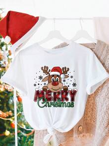 Women's Merry Christmas Reindeer Print T-Shirt, Comfortable Fit Short Sleeve Top, Machine Washable, Casual Wear For All Seasons, Women's Christmas T-Shirt, Christmas Party Shirt, Playful Print Design